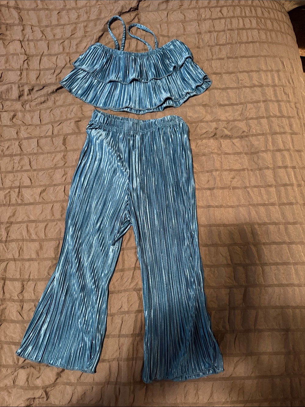 Girls Shimmer Teal Pleated Wide-Leg Pants & Ruffle Crop Top Set